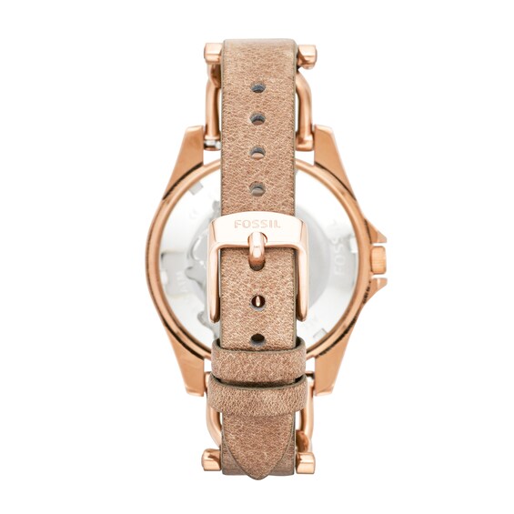 Ladies' Fossil Riley Crystal Accent Rose-Tone Chronograph Pink Leather Strap Watch with Champagne Dial (Model: Es3466)