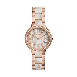 Ladies' Fossil Virginia Pink Crystal Accent Rose-Tone Shimmer Horn Resin Watch with Mother-of-Pearl Dial (Model: ES3716)