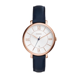 Ladies' Fossil Jacqueline Rose-Tone Blue Leather Strap Watch with White Dial (Model: ES3843)