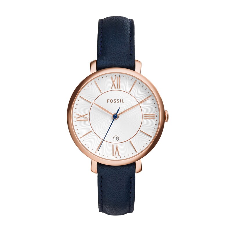 Main Image 1 of Ladies' Fossil Jacqueline Rose-Tone Blue Leather Strap Watch with White Dial (Model: ES3843)