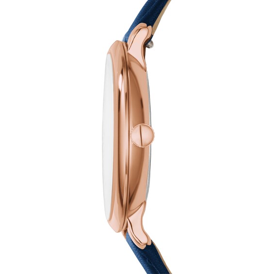 Ladies' Fossil Jacqueline Rose-Tone Blue Leather Strap Watch with White Dial (Model: Es3843)