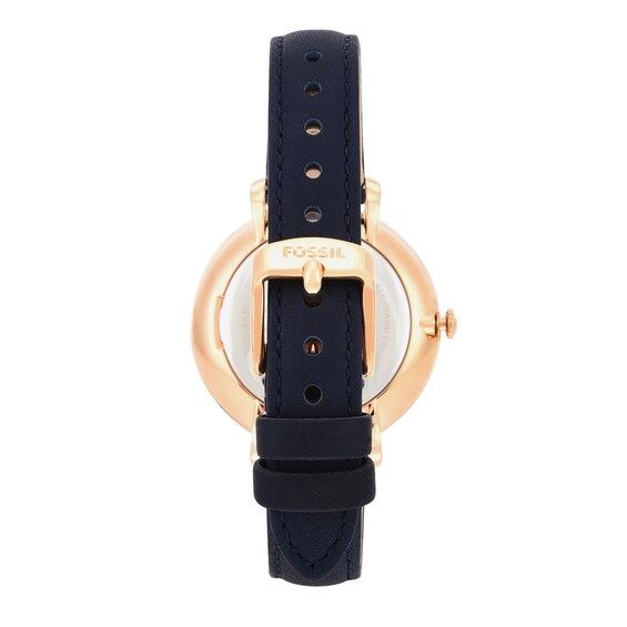 Ladies' Fossil Jacqueline Rose-Tone Blue Leather Strap Watch with White Dial (Model: Es3843)