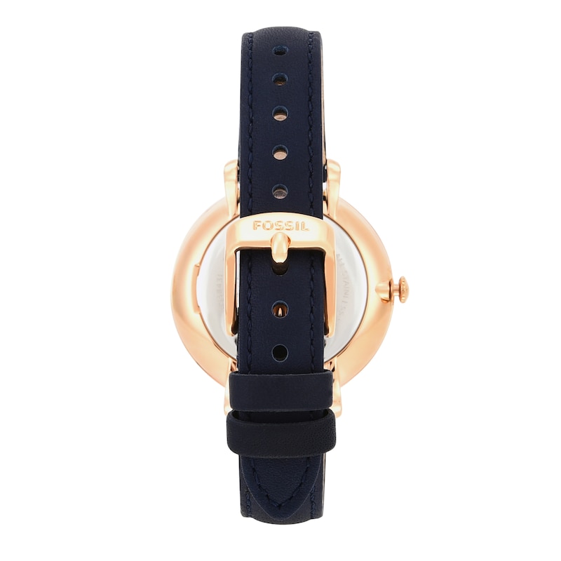 Main Image 3 of Ladies' Fossil Jacqueline Rose-Tone Blue Leather Strap Watch with White Dial (Model: ES3843)