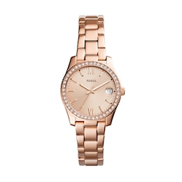 Ladies' Fossil Scarlette Mini Crystal Accent Rose-Tone Watch with Rose-Tone Dial (Model: ES4318)