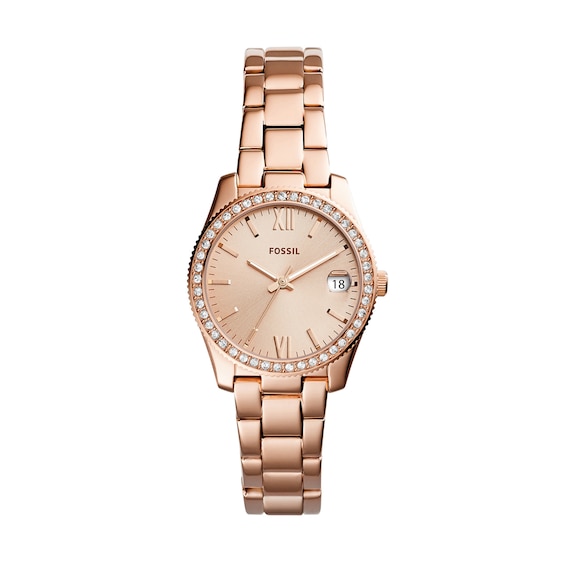 Ladies' Fossil Scarlette Mini Crystal Accent Rose-Tone Watch with Rose-Tone Dial (Model: Es4318)