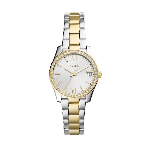 Ladies' Fossil Scarlette Mini Crystal Accent Two-Tone Watch with Silver-Tone Dial (Model: Es4319)