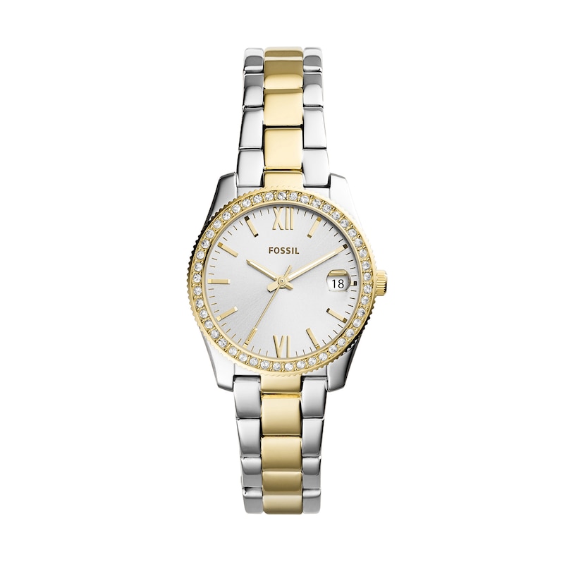 Ladies' Fossil Scarlette Mini Crystal Accent Two-Tone Watch with Silver-Tone Dial (Model: ES4319)