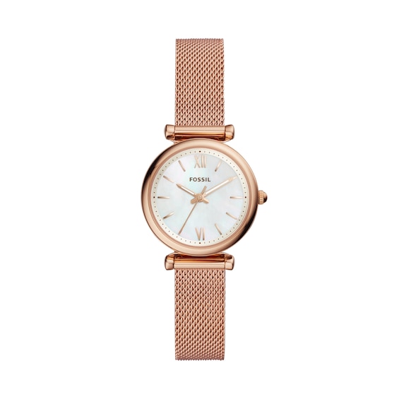 Ladies' Fossil Carlie Rose-Tone Mesh Watch with Mother-of-Pearl Dial (Model: Es4433)