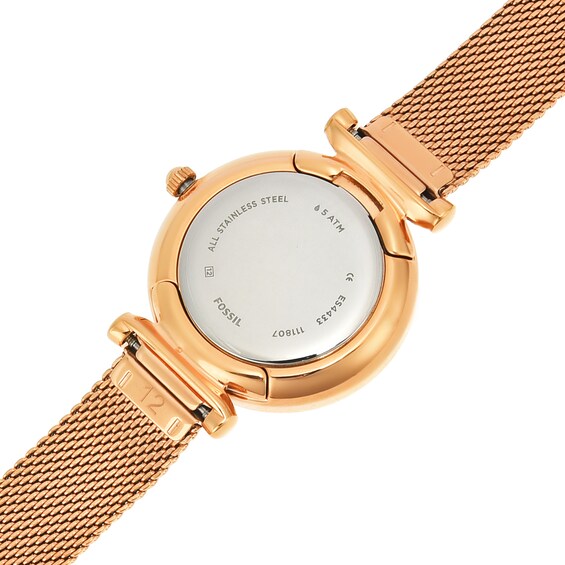 Ladies' Fossil Carlie Rose-Tone Mesh Watch with Mother-of-Pearl Dial (Model: Es4433)