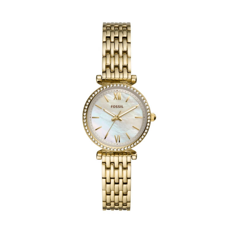 Ladies' Fossil Carlie Mini Crystal Accent Gold-Tone Watch with Mother-of-Pearl Dial (Model: ES4735)