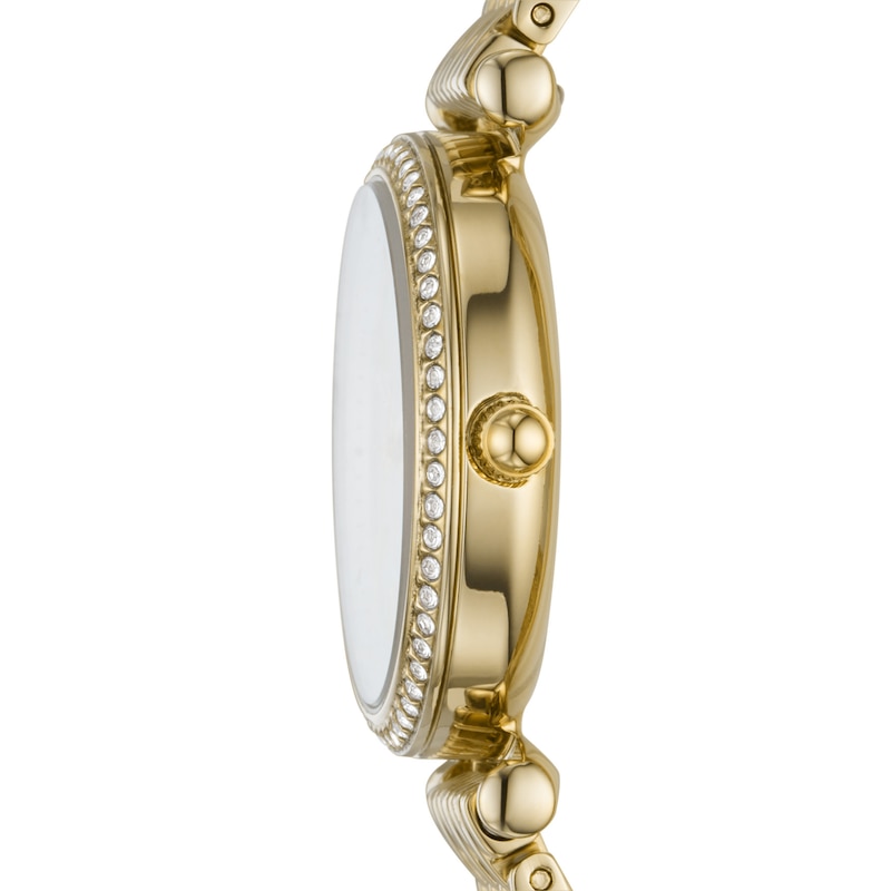 Ladies' Fossil Carlie Mini Crystal Accent Gold-Tone Watch with Mother-of-Pearl Dial (Model: ES4735)