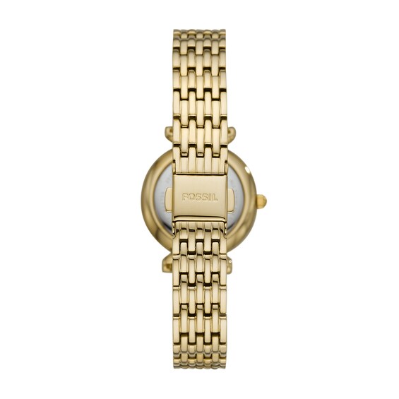 Ladies' Fossil Carlie Mini Crystal Accent Gold-Tone Watch with Mother-of-Pearl Dial (Model: Es4735)