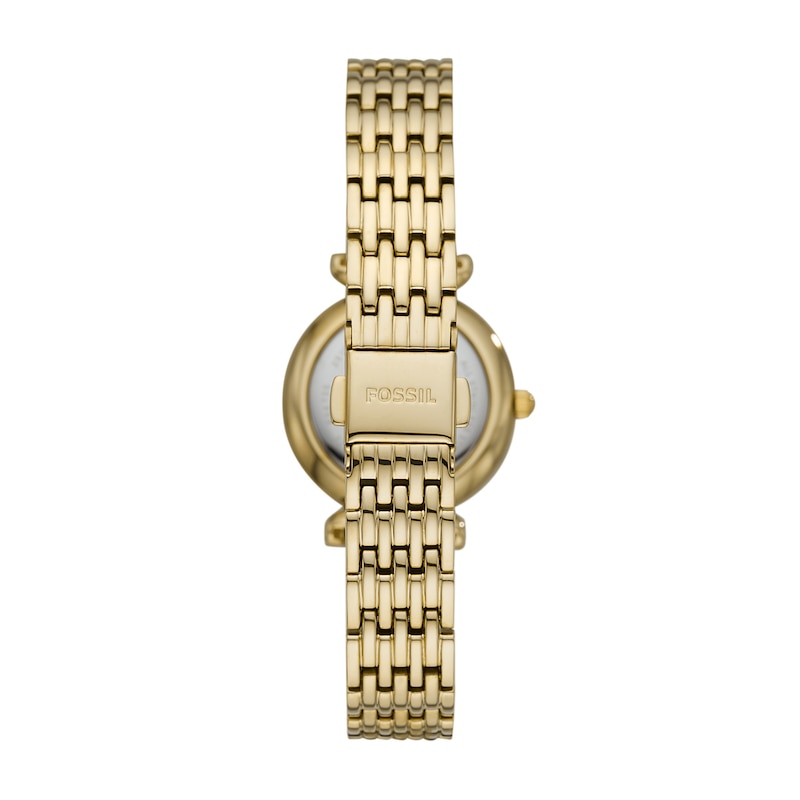 Ladies' Fossil Carlie Mini Crystal Accent Gold-Tone Watch with Mother-of-Pearl Dial (Model: ES4735)