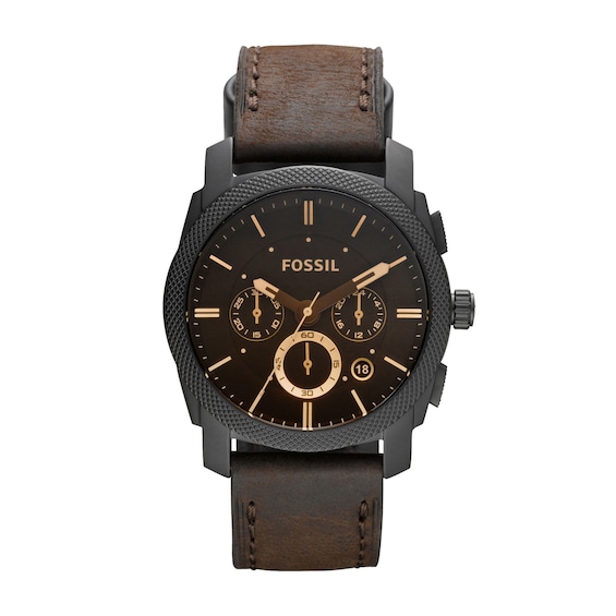 Men's Fossil Machine Black IP Chronograph Dark Brown Leather Strap Watch with Brown Dial (Model: Fs4656)