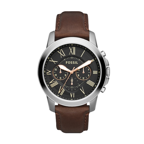 Men's Fossil Grant Chronograph Dark Brown Leather Strap Watch with Black Dial (Model: Fs4813)