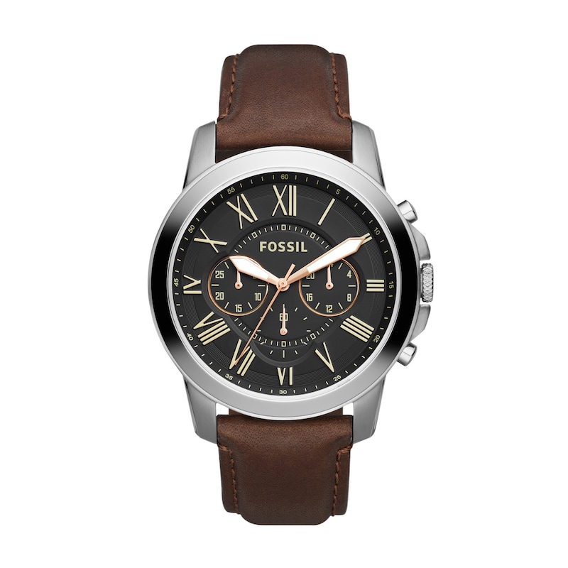 Main Image 1 of Men's Fossil Grant Chronograph Dark Brown Leather Strap Watch with Black Dial (Model: FS4813)