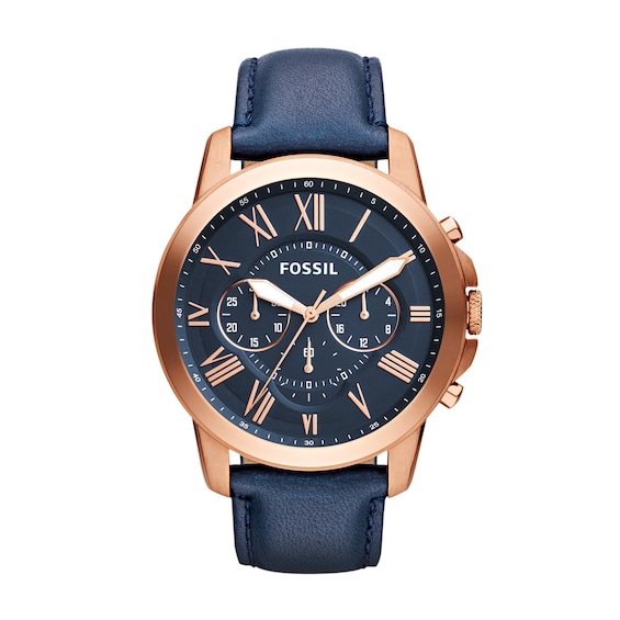 Men's Fossil Grant Rose-Tone Chronograph Blue Leather Strap Watch with ...