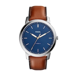 Men's Fossil Minimalist Brown Leather Strap Watch with Blue Dial (Model: FS5304)