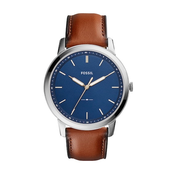 Men's Fossil Minimalist Brown Leather Strap Watch with Blue Dial (Model: Fs5304)
