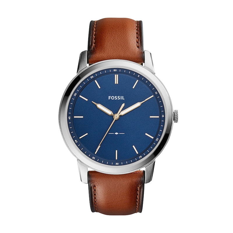 Main Image 1 of Men's Fossil Minimalist Brown Leather Strap Watch with Blue Dial (Model: FS5304)