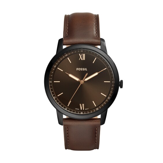 Men's Fossil Minimalist Black IP Dark Brown Leather Strap Watch with Brown Dial (Model: Fs5551)