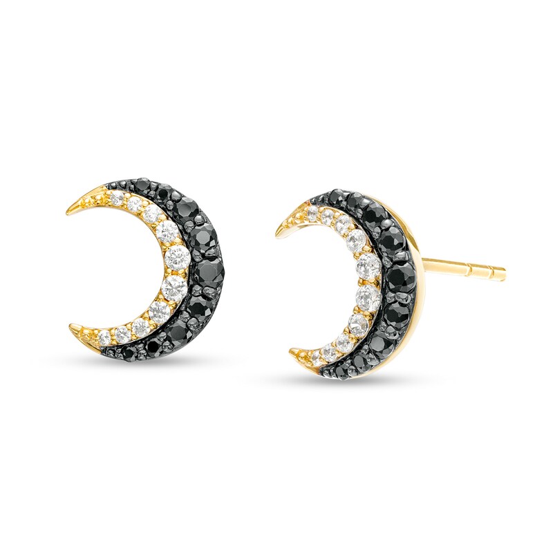 Main Image 1 of 1/3 CT. T.W. Black and White Diamond Moon Stud Earrings in 10K Gold