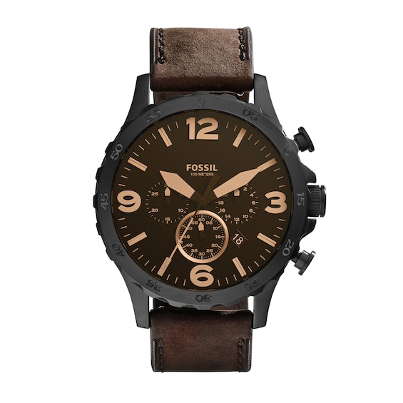 Men's Fossil Nate Black IP Chronograph Dark Brown Leather Strap Watch with Brown Dial (Model: Jr1487)