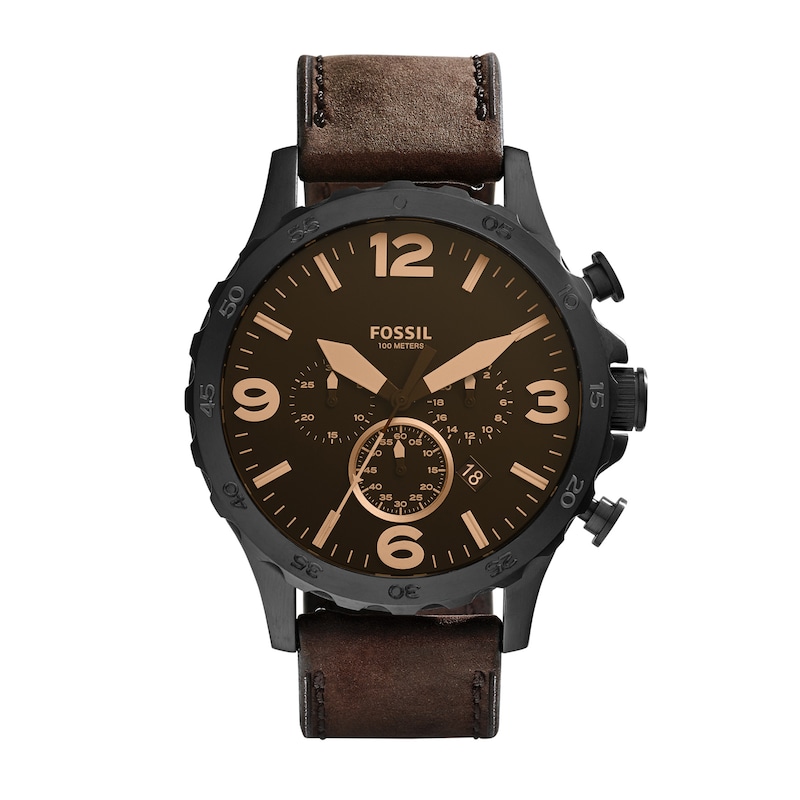Main Image 1 of Men's Fossil Nate Black IP Chronograph Dark Brown Leather Strap Watch with Brown Dial (Model: JR1487)