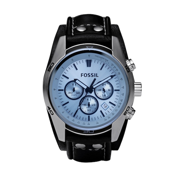 Men's Fossil Coachman Chronograph Black Leather Strap Cuff-Style Watch with  Blue Dial (Model: CH2564) | Zales