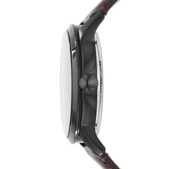 Men's Fossil Townsman Black IP Automatic Dark Brown Leather Strap Watch with Two-Tone Skeleton Dial (Model: Me3098)