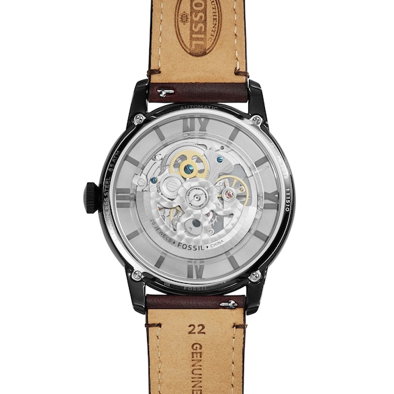 Men's Fossil Townsman Black IP Automatic Dark Brown Leather Strap Watch with Two-Tone Skeleton Dial (Model: Me3098)