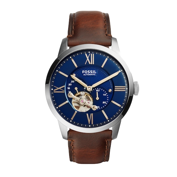 Men's Fossil Townsman Automatic Chronograph Dark Brown Leather Strap Watch with Blue Skeleton Dial (Model: Me3110)