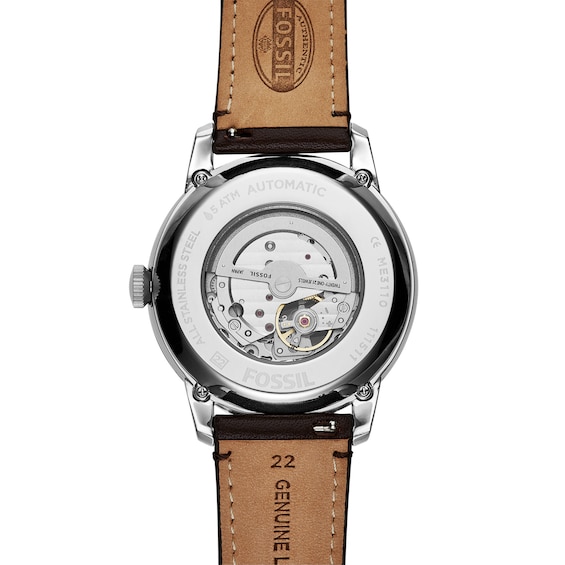 Men's Fossil Townsman Automatic Chronograph Dark Brown Leather Strap Watch with Blue Skeleton Dial (Model: Me3110)