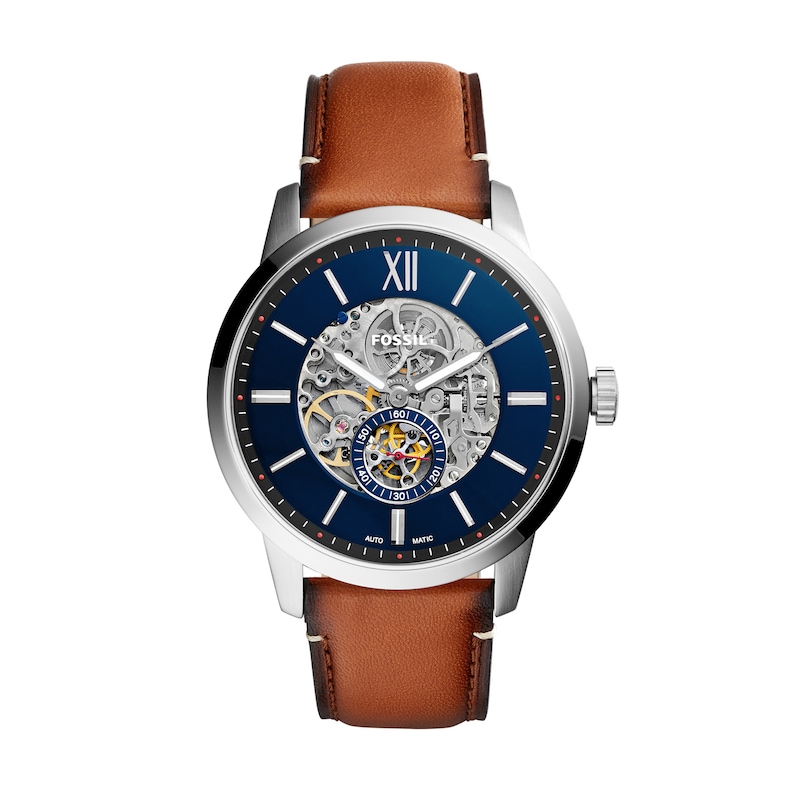 Main Image 1 of Men's Fossil Townsman Automatic Chronograph Brown Leather Strap Watch with Blue Skeleton Dial (Model: ME3154)