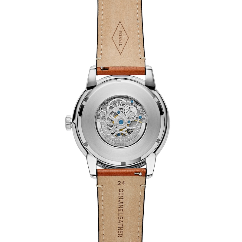 Main Image 3 of Men's Fossil Townsman Automatic Chronograph Brown Leather Strap Watch with Blue Skeleton Dial (Model: ME3154)