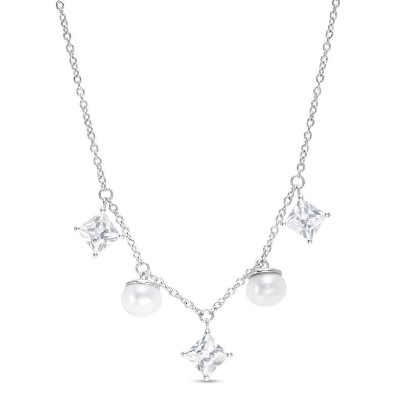 7.0mm Cultured Akoya Pearl and Princess-Cut White Lab-Created Sapphire Five Stone Necklace in Sterling Silver