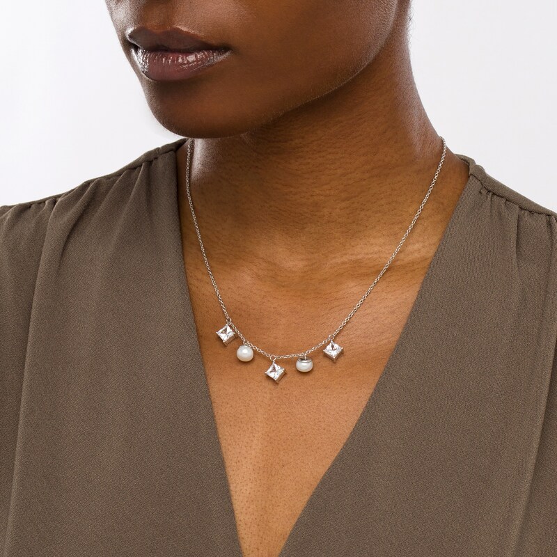 Main Image 2 of 7.0mm Freshwater Cultured Pearl and White Lab-Created Sapphire Five Stone Necklace in Sterling Silver