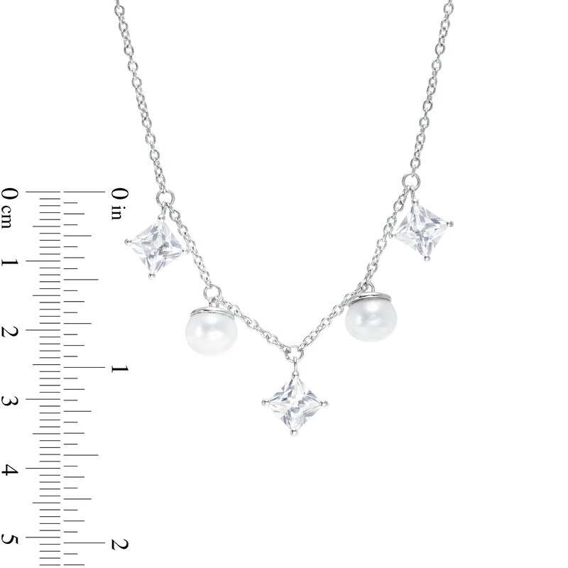 7.0mm Cultured Akoya Pearl and Princess-Cut White Lab-Created Sapphire Five Stone Necklace in Sterling Silver