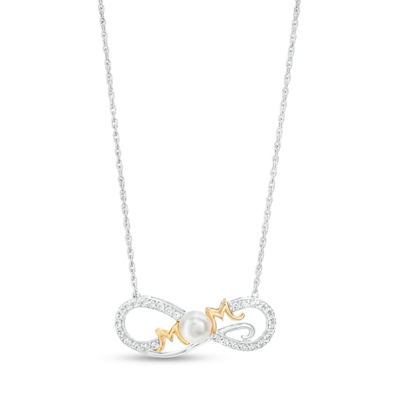5.0mm Freshwater Cultured Pearl and White Lab-Created Sapphire Mom Necklace in Sterling Silver with 10K Gold Plate
