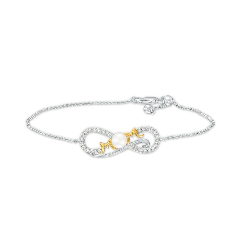 Main Image 1 of Freshwater Cultured Pearl and White Lab-Created Sapphire "MOM" Bracelet in Sterling Silver with 10K Gold Plate – 7.5"