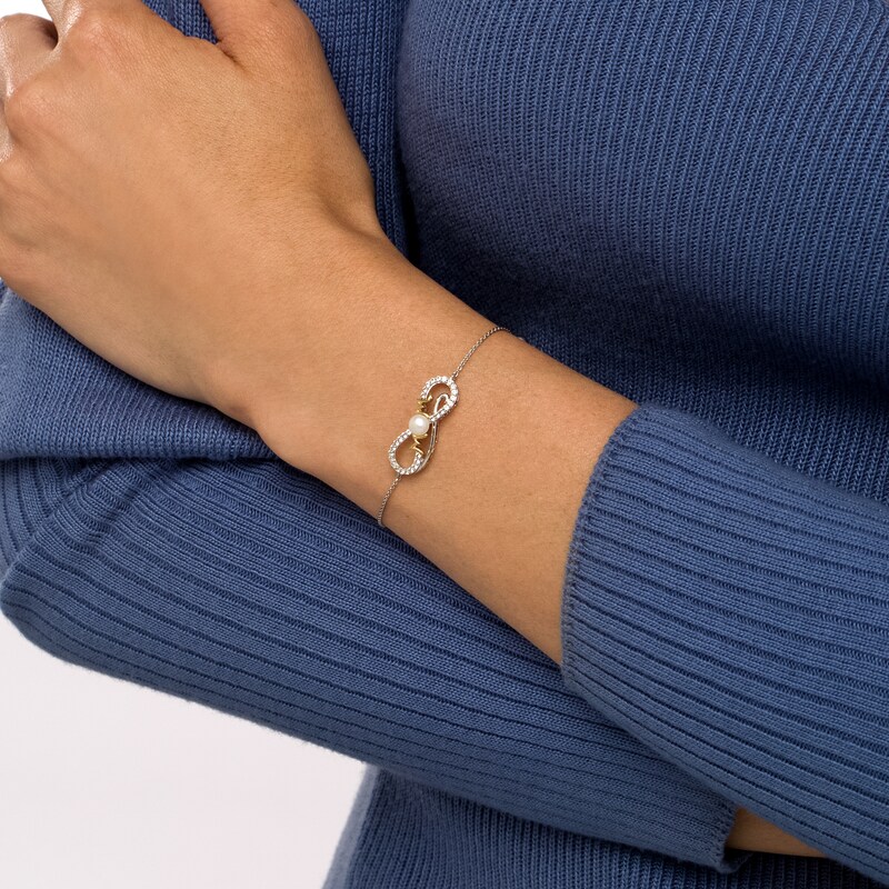 Main Image 2 of Freshwater Cultured Pearl and White Lab-Created Sapphire "MOM" Bracelet in Sterling Silver with 10K Gold Plate – 7.5"