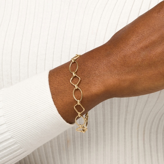 Outlined Square and Oval Alternating Link Bracelet in 10K Gold - 7.5"