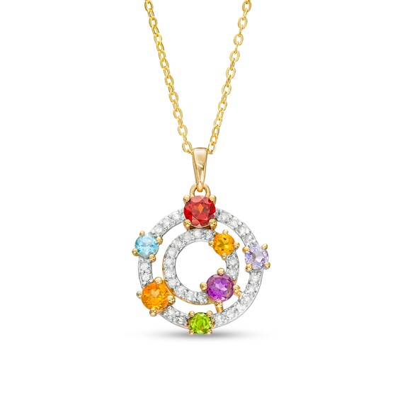 Multi-Gemstone and 1/4 CT. T.w. Diamond Double Circle Scatter Pendant in 10K Gold - 20"