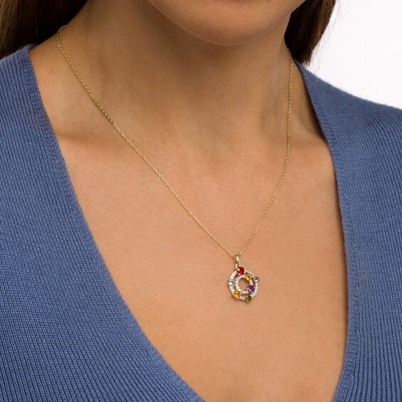 Multi-Gemstone and 1/4 CT. T.w. Diamond Double Circle Scatter Pendant in 10K Gold - 20"