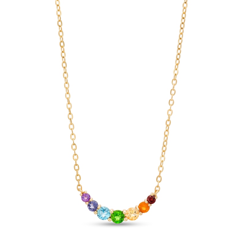 Multi-Gemstone Graduated Curved Rainbow Necklace in 10K Gold – 20"