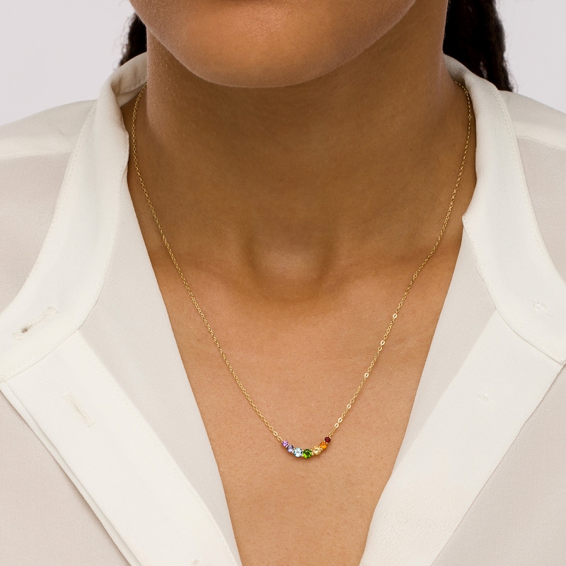 Multi-Gemstone Graduated Curved Rainbow Necklace in 10K Gold – 20"