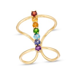 Multi-Gemstone Rainbow Linear Open Shank Ring in 10K Gold - Size 7