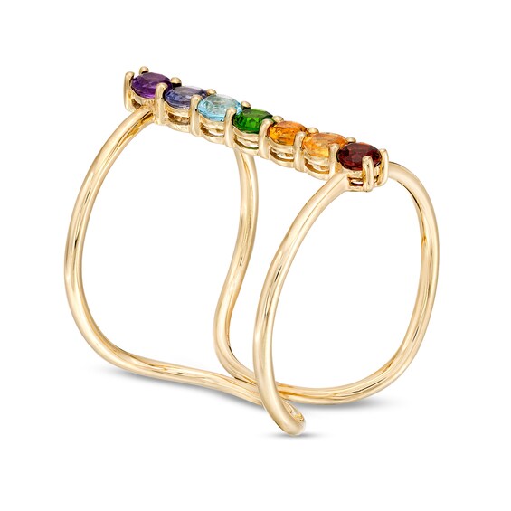Multi-Gemstone Rainbow Linear Open Shank Ring in 10K Gold - Size 7