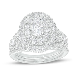 2 CT. T.W. Oval Diamond Double Frame Split Shank Vintage-Style Bridal Set in 14K White Gold