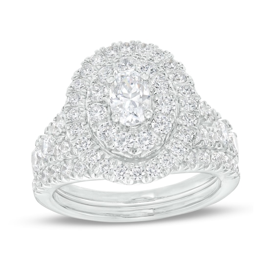 2 CT. T.w. Oval Diamond Double Frame Split Shank Vintage-Style Bridal Set in 14K White Gold